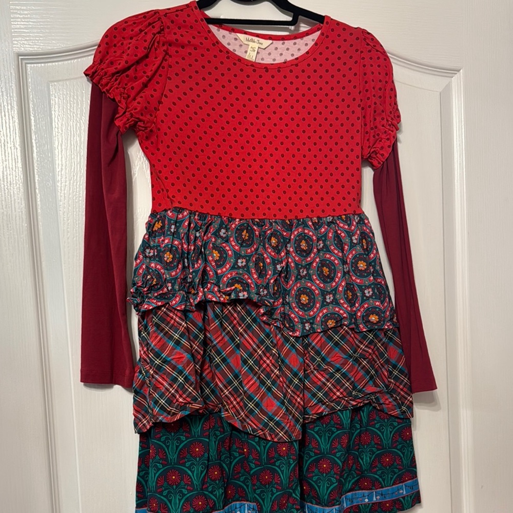 Matilda Jane Red and Gray Tiered Puff Sleeve Dress
